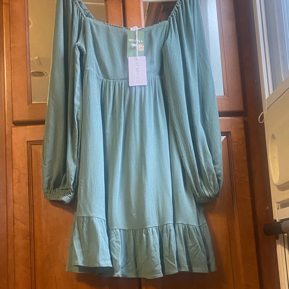Aemi+Co. Olive Green Oversized Square Neckline Mini Dress Medium NWT Spring